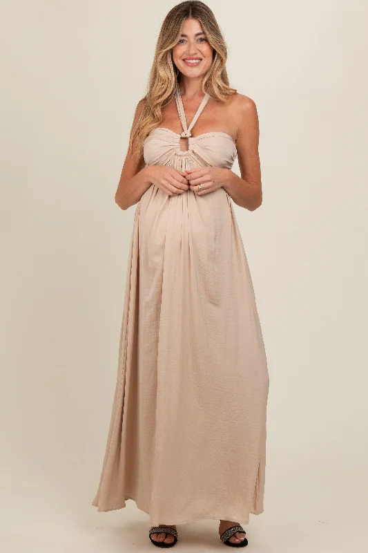 Beige Halter Cutout Maternity Maxi Dress Stylish Boho Maxi Dress