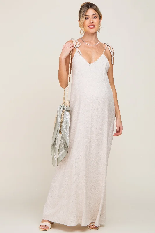 Beige Linen V-Neck Tie Strap Maternity Maxi Dress Chic Sleeveless Maxi Dress