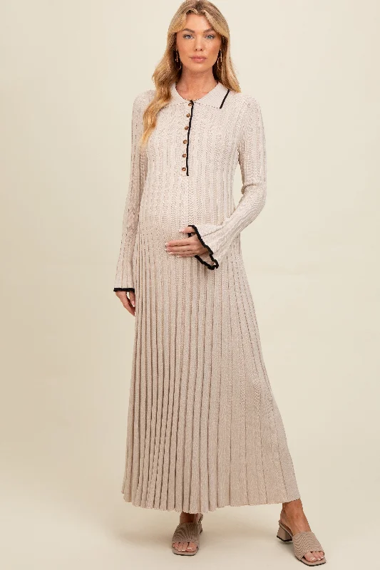 Beige Ribbed Knit Collared Button Up Maternity Maxi Dress Cozy Ruffle Sleeve Maxi Dress