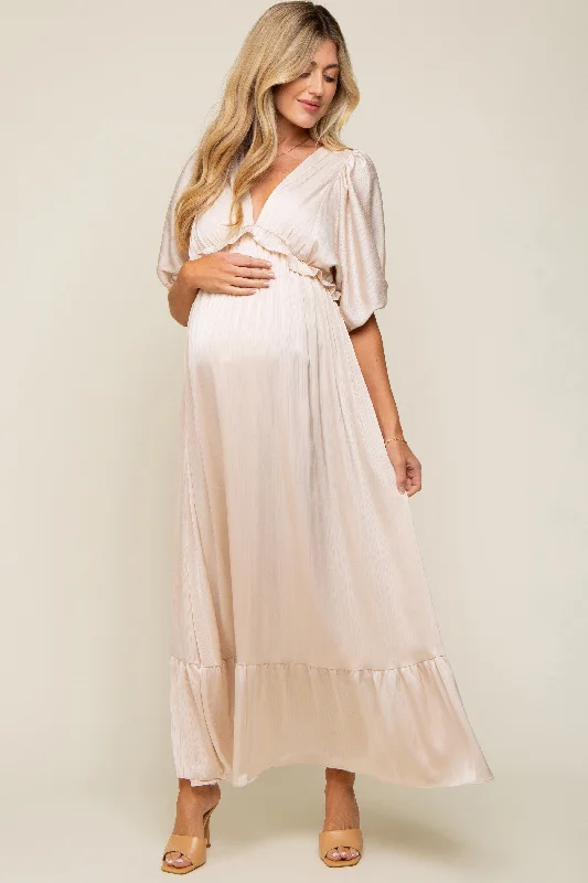 Beige Striped Ruffle Accent Maternity Maxi Dress Stylish Longline Maxi Dress