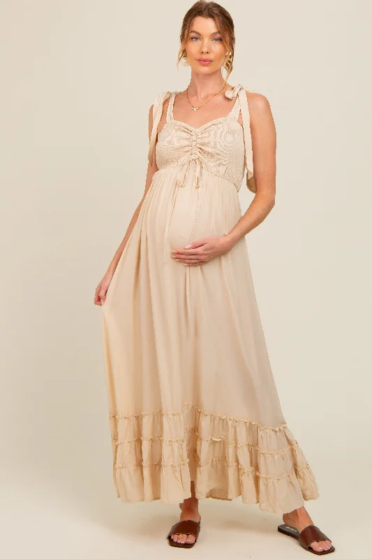 Beige Sweetheart Neck Smocked Shoulder Tie Maternity Maxi Dress Trendy Maxi Dress with Belt