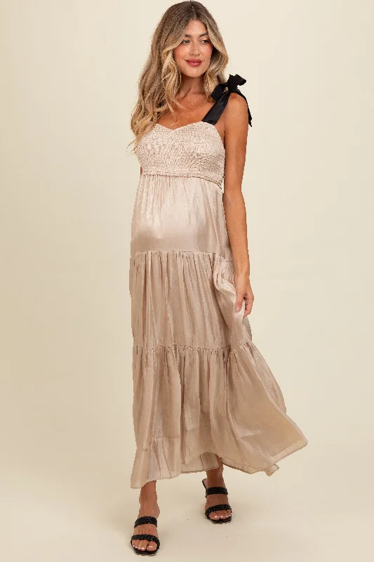 Beige Tiered Satin Tie-Strap Maternity Maxi Dress Elegant Wraparound Maxi Dress