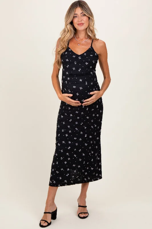 Black Bow Print Ruffle Detail Maternity Maxi Dress Trendy Button Front Maxi Dress