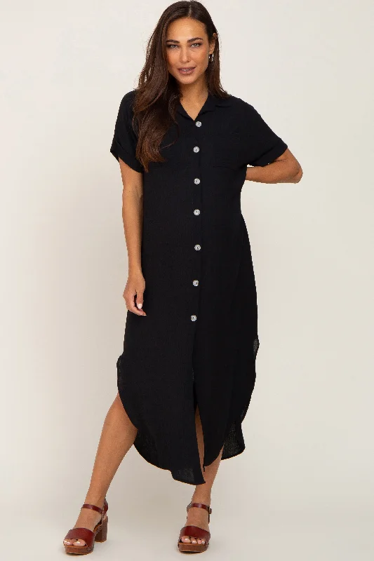 Black Button Down Hi Low Maternity Maxi Dress Fashionable Maxi Dress with Fringe