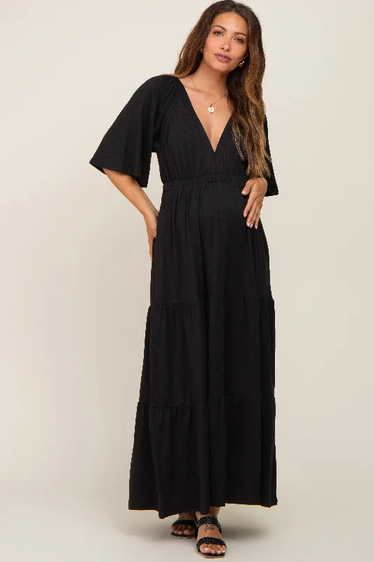 Black Deep V-Neck Tiered Maternity Maxi Dress Stylish One-Shoulder Maxi Dress