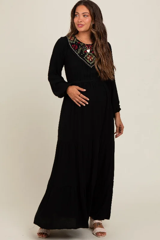 Black Embroidered Maternity Tiered Maxi Dress Elegant Maxi Dress with Lace