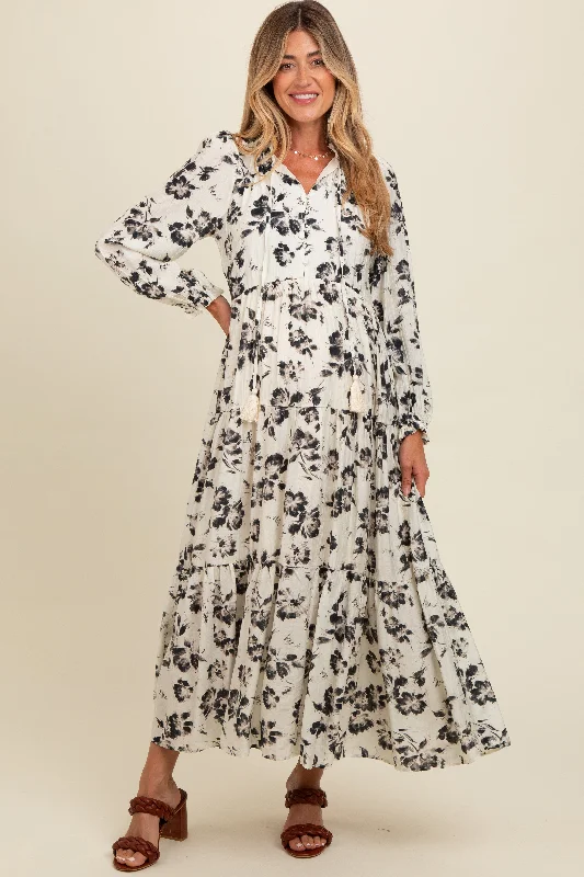 Black Floral Button Front Tiered Long Sleeve Maternity Maxi Dress Classic A-Line Maxi Dress