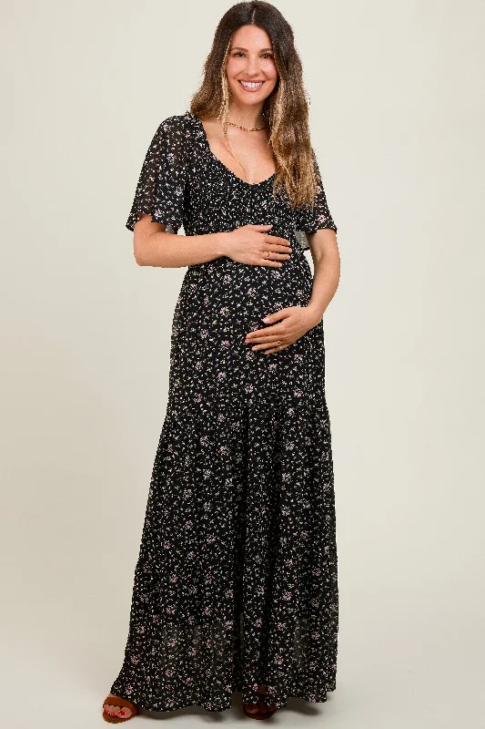 Black Floral Chiffon Smocked Maternity Maxi Dress Elegant Velvet Maxi Dress