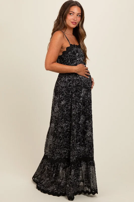 Black Floral Contrast Trim Maternity Maxi Dress Elegant Tiered Maxi Dress