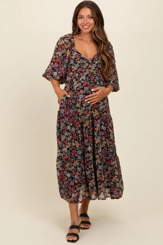 Black Floral Empire Waist Maternity Maxi Dress Cozy Ribbed Maxi Dress