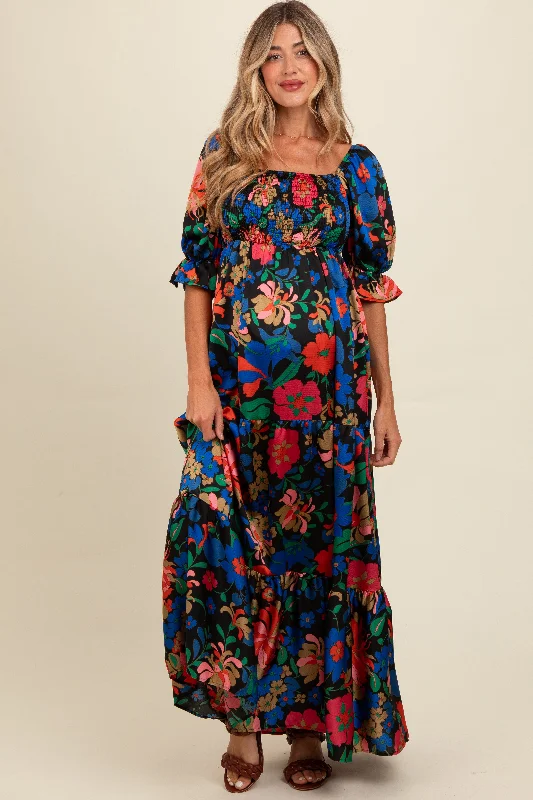 Black Floral Satin Smocked Tiered Maternity Maxi Dress Elegant Lace Maxi Dress