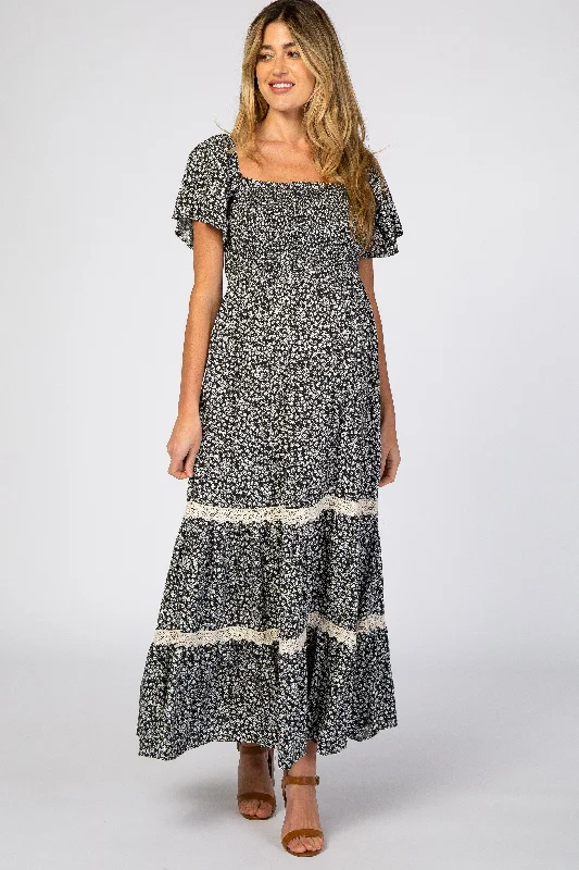 Black Floral Square Neck Smocked Front Lace Trim Maternity Maxi Dress Fashionable Chiffon Tiered Maxi Dress