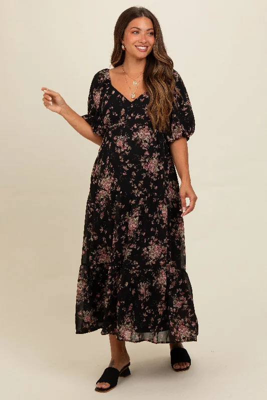 Black Floral Tiered Puff Sleeve Maternity Maxi Dress Cozy Maxi Dress with Slit