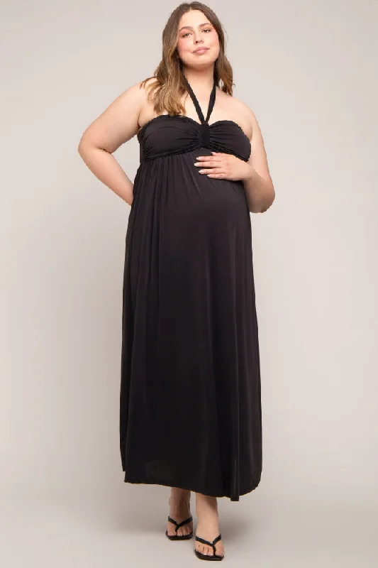 Black Front Knot Halter Maternity Plus Maxi Dress Casual Maxi Dress with Pockets