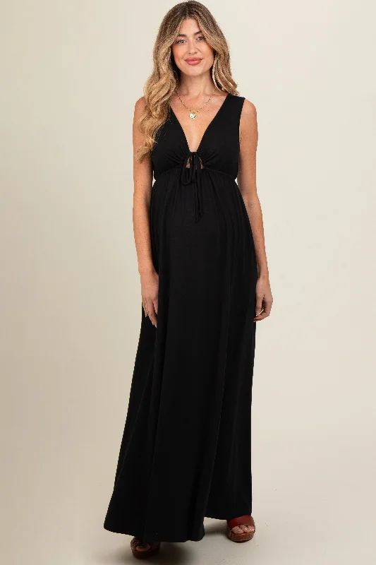 Black Front Tie Cutout Sleeveless Maternity Maxi Dress Comfortable Fit-and-Flare Maxi Dress