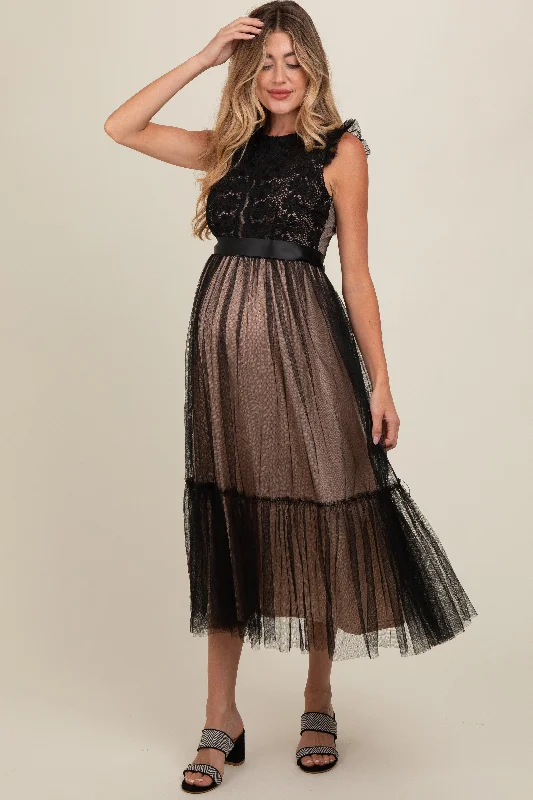 Black Lace Contrast Tulle Maternity Maxi Dress Classic Solid Maxi Dress