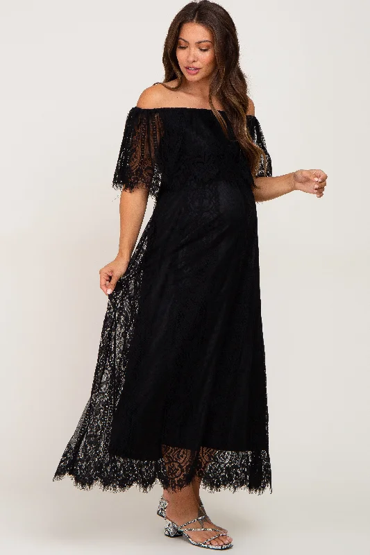 Black Lace Off Shoulder Maternity Maxi Dress Cozy Spaghetti Strap Maxi Dress