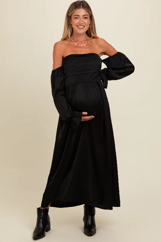 Black Off Shoulder Satin Pleated Bodice Maternity Maxi Dress Fashionable Printed Maxi Dress