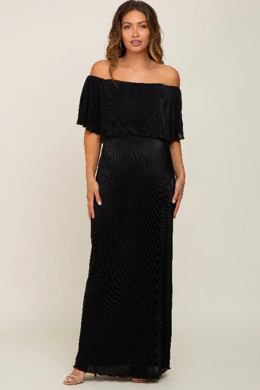 Black Pleated Ruffle Off Shoulder Maternity Maxi Dress Comfortable Flowy Maxi Dress