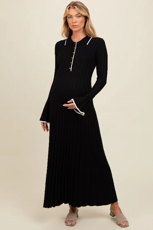 Black Ribbed Knit Collared Button Up Maternity Maxi Dress Cozy Ribbed Maxi Dress