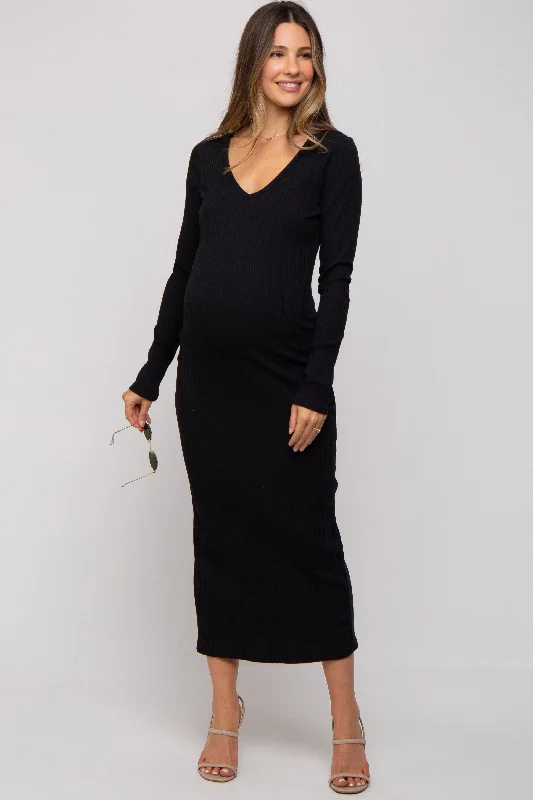 Black Ribbed Long Sleeve Maternity Maxi Dress Stylish One-Shoulder Maxi Dress