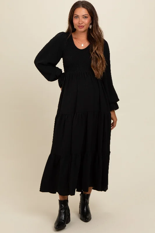 Black Smocked Tiered Long Sleeve Maternity Maxi Dress Trendy Button Front Maxi Dress