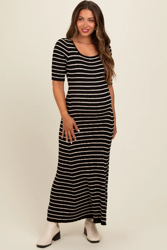 Black Striped Ribbed Short Sleeve Maternity Maxi Dress Elegant Tiered Maxi Dress