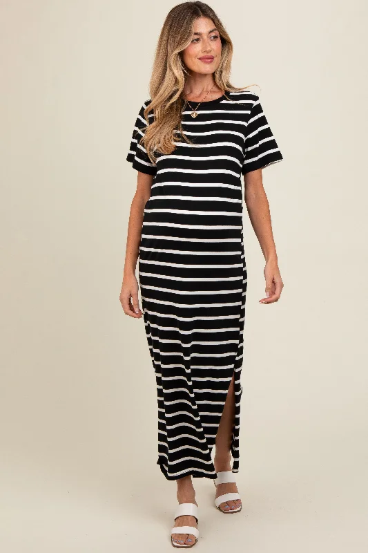 Black Striped Side Slit Maternity Maxi Dress Classic Black Maxi Dress