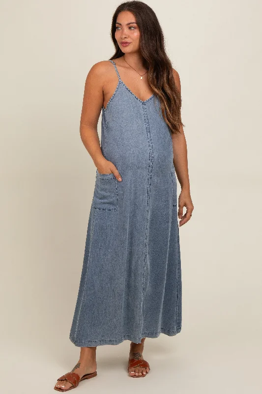 Blue Chambray Pocketed Maternity Maxi Dress Cozy Spaghetti Strap Maxi Dress