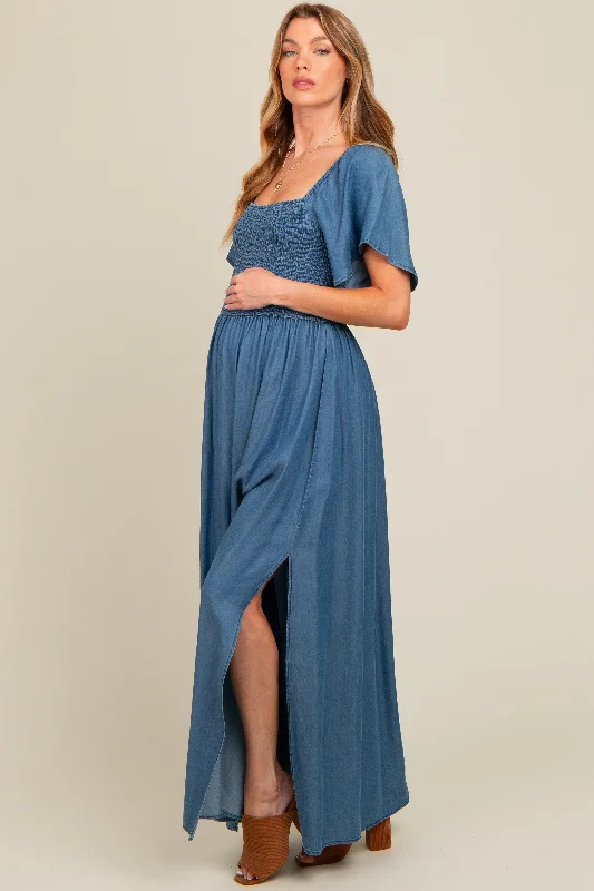 Blue Chambray Smocked Maternity Maxi Dress Elegant Silk Maxi Dress