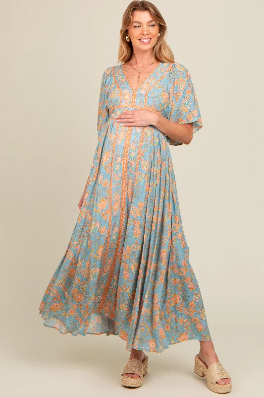 Blue Floral Border Print Flutter Sleeve Maternity Maxi Dress Fashionable Printed Maxi Dress