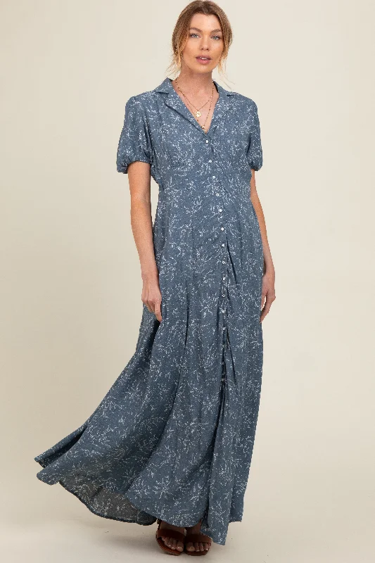 Blue Floral Button Down Maternity Maxi Dress Fashionable Chiffon Maxi Dress