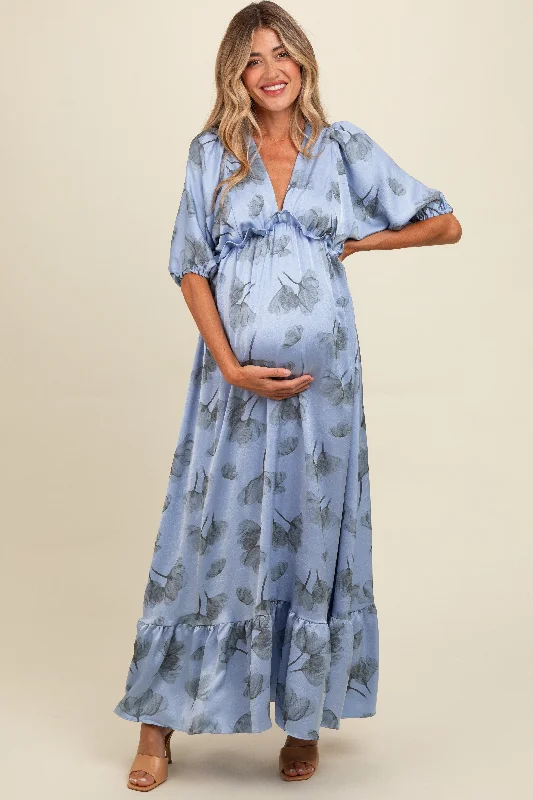 Blue Floral Chiffon Ruffle Accent Maternity Maxi Dress Comfortable Maxi Dress with Sleeves