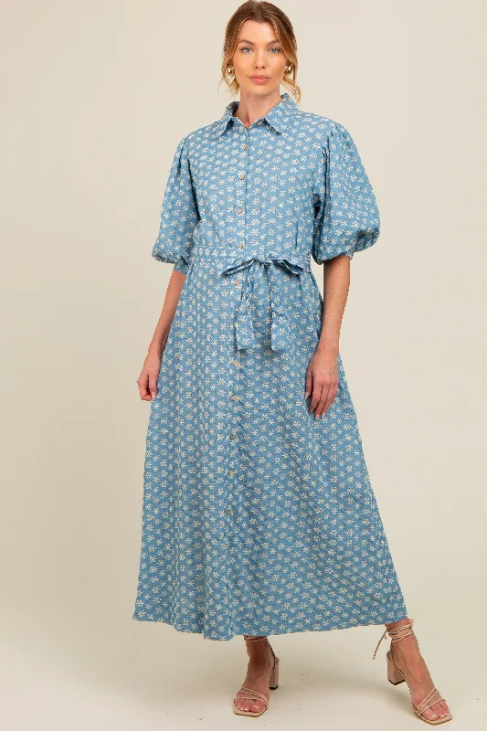 Blue Floral Embroidered Button Down Chambray Maternity Maxi Dress Fashionable Off-Shoulder Maxi Dress