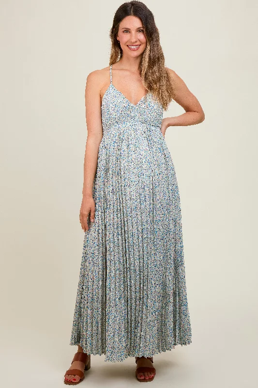 Blue Floral Pleated Cutout Back Maternity Maxi Dress Elegant Boho Maxi Dress