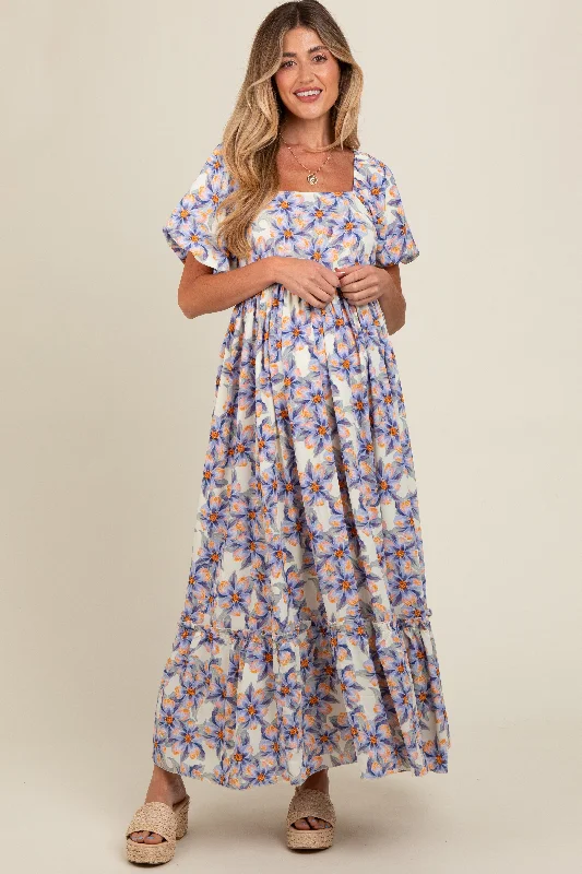 Blue Floral Ruffle Accent Maternity Maxi Dress Cozy Maxi Dress with Slit