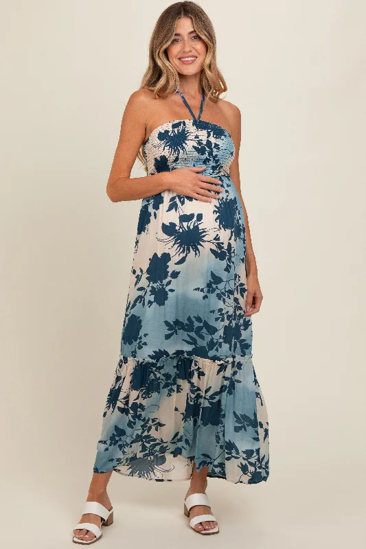 Blue Floral Smocked Halter Maternity Maxi Dress Cozy Maxi Dress with Slit