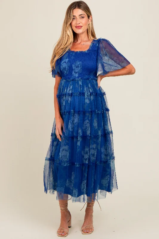 Blue Floral Smocked Tulle Maternity Maxi Dress Fashionable Chiffon Maxi Dress