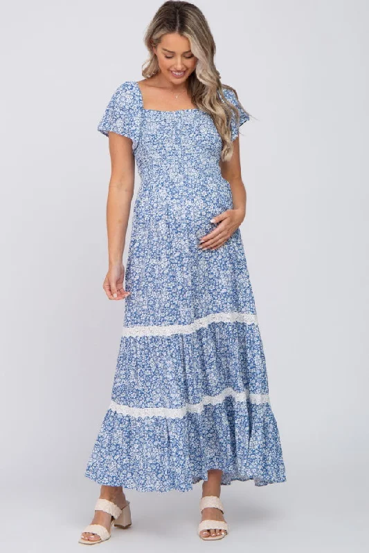 Blue Floral Square Neck Smocked Front Lace Trim Maternity Maxi Dress Stylish Off-Shoulder Maxi Dress