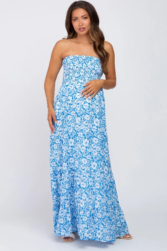 Blue Floral Strapless Smocked Maternity Maxi Dress Elegant Silk Maxi Dress