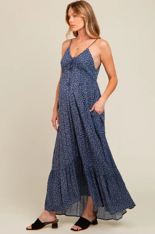 Blue Floral Tie Front Maternity Maxi Dress Stylish Pleated A-Line Maxi Dress