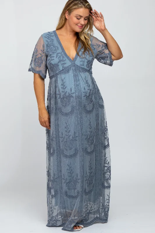 Blue Lace Mesh Overlay Maternity Plus Maxi Dress Stylish A-Line Maxi Dress