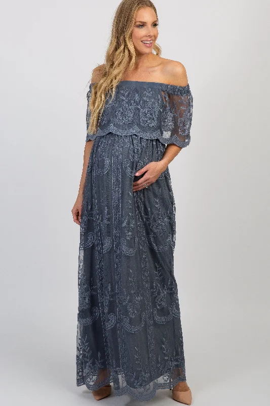 Blue Lace Mesh Overlay Off Shoulder Maternity Maxi Dress Elegant Maxi Dress with Lace