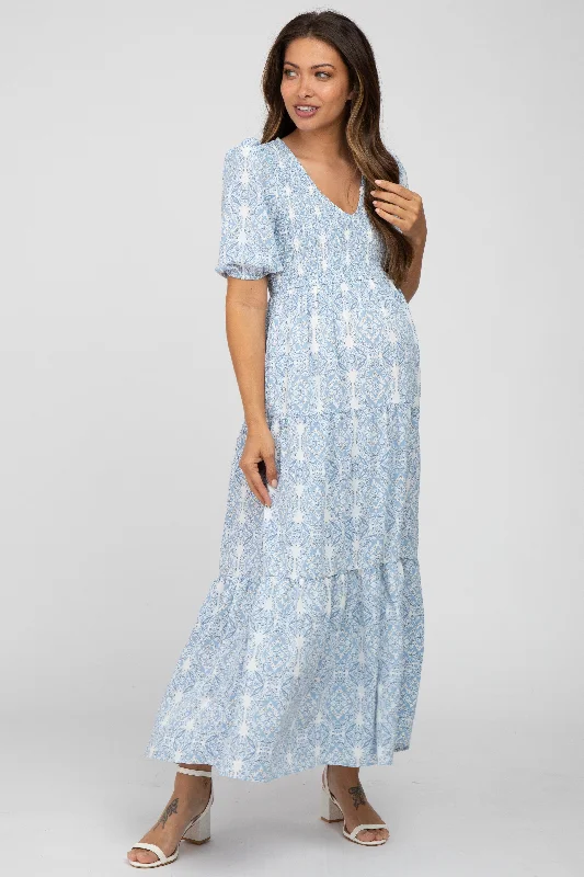 Blue Paisley Print Smocked Tiered Maternity Maxi Dress Trendy Printed Maxi Dress