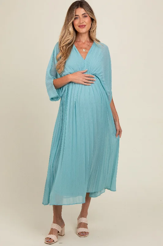 Blue Pleated V Neck Maternity Maxi Dress Fashionable Layered Maxi Dress