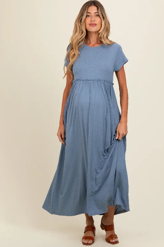 Blue Ruffle Trim Maternity Maxi Dress Comfortable Fit-and-Flare Maxi Dress