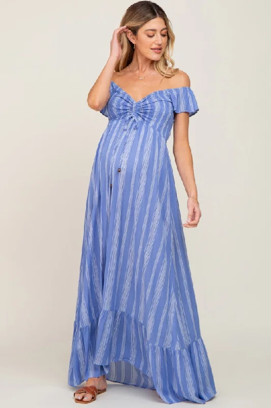 Blue Striped Off Shoulder Front Tie Maternity Maxi Dress Comfortable Fitted Maxi Dress