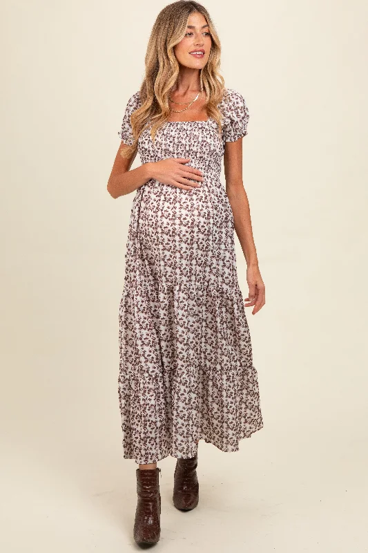 Brown Floral Puff Sleeve Smocked Maternity Maxi Dress Stylish A-Line Maxi Dress