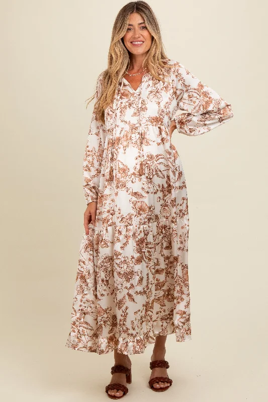 Brown Floral Tassel Tie Front Maternity Maxi Dress Fashionable Off-Shoulder Maxi Dress