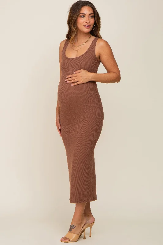 Brown Ribbed Basic Maternity Maxi Dress Chic Off-Shoulder Maxi Dress